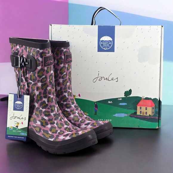 New Joules Rain Boots Mid Calf Molly Welly Pink Leopard Size US:‎ 6 UK: 4 - Picture 1 of 15